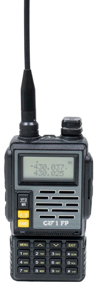 Nešiojama VHF / UHF radijo stotelė CRT FP00 dviejų dažnių juostų 136-174 ir 400-440 MHz, spalva juoda, VOX, 128 kanalai, nuskaitymas (Scan), programuojama, žibintuvėlis, FM radijas, TOT, retransliatorius