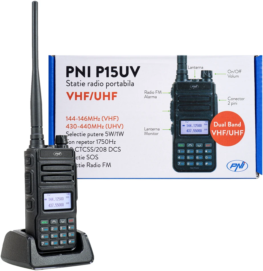 Nešiojama VHF / UHF radijo stotelė PNI P15UV dviejų dažnių, 144-146MHz / 430-440Mhz, 999 kanalų, su 1500 mAh baterija
