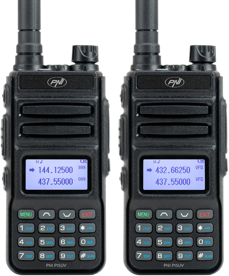 Nešiojama VHF / UHF radijo stotelė PNI P15UV dviejų dažnių, 144-146MHz / 430-440Mhz, 999 kanalų, su 1500 mAh baterija