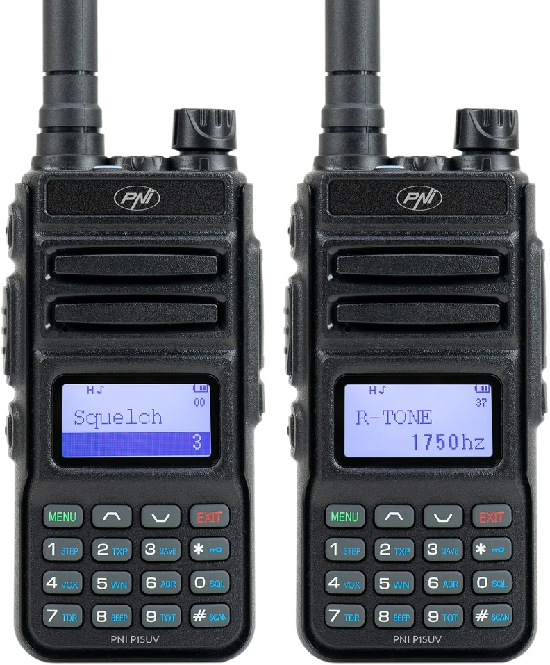 Nešiojama VHF / UHF radijo stotelė PNI P15UV dviejų dažnių, 144-146MHz / 430-440Mhz, 999 kanalų, su 1500 mAh baterija