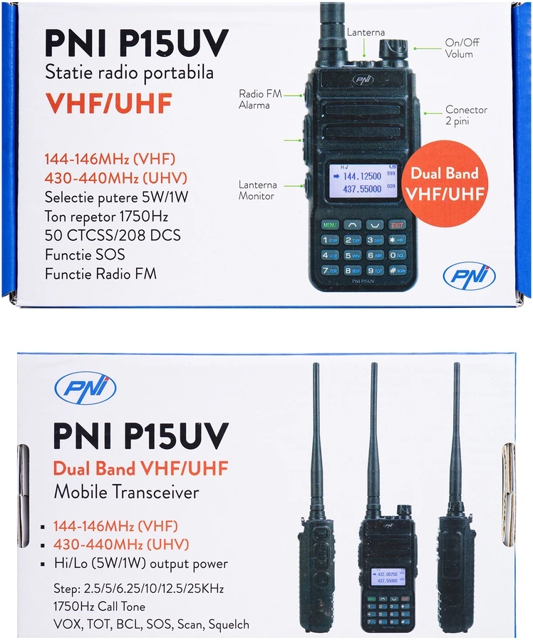 Nešiojama VHF / UHF radijo stotelė PNI P15UV dviejų dažnių, 144-146MHz / 430-440Mhz, 999 kanalų, su 1500 mAh baterija