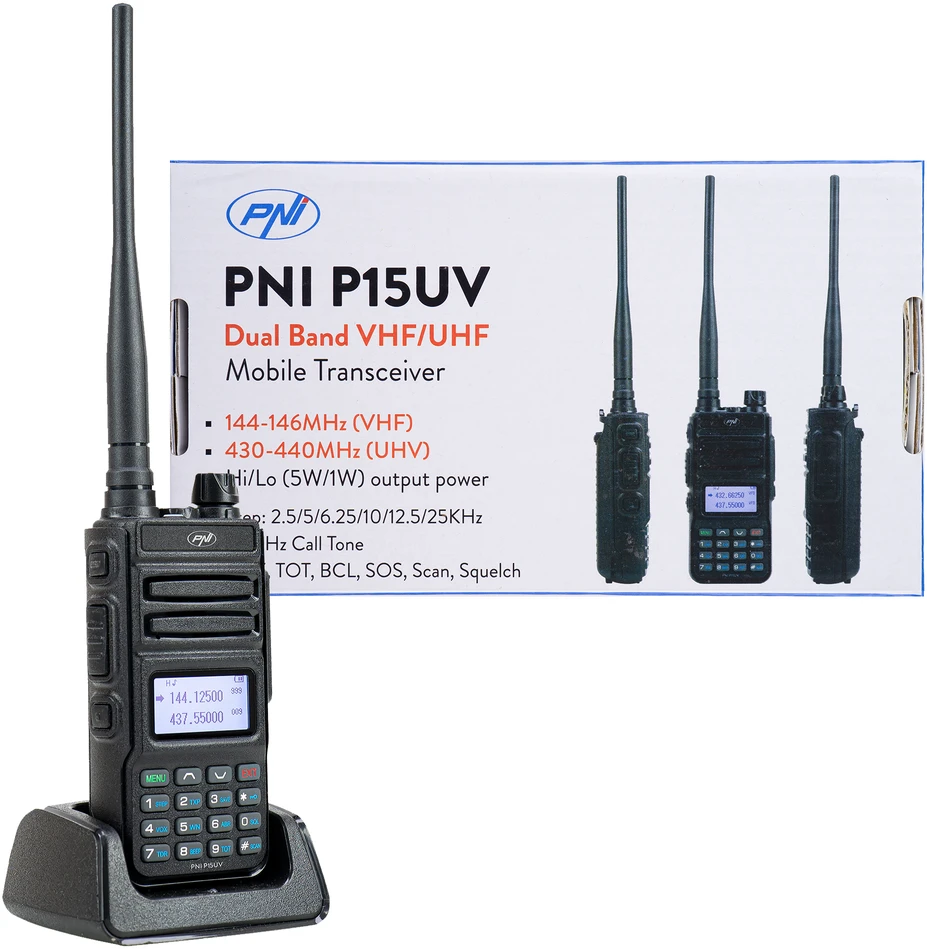 Nešiojama VHF / UHF radijo stotelė PNI P15UV dviejų dažnių, 144-146MHz / 430-440Mhz, 999 kanalų, su 1500 mAh baterija