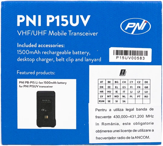 Nešiojama VHF / UHF radijo stotelė PNI P15UV dviejų dažnių, 144-146MHz / 430-440Mhz, 999 kanalų, su 1500 mAh baterija