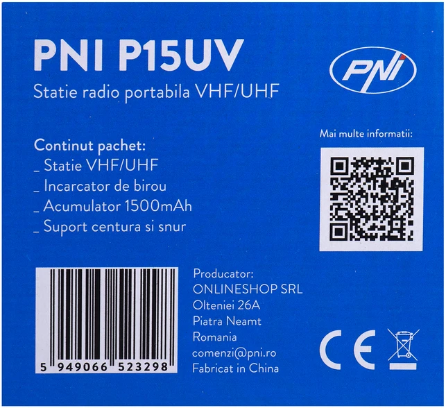 Nešiojama VHF / UHF radijo stotelė PNI P15UV dviejų dažnių, 144-146MHz / 430-440Mhz, 999 kanalų, su 1500 mAh baterija