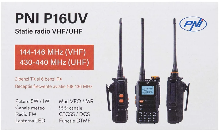 Nešiojama VHF/UHF radijo stotelė PNI P16UV, 999 kanalai, dviejų dažnių juostų TX ir 6 juostų RX, VOX perdavimas, nuskaitymas (Scan), FM radijas, orų kanalai, Li-Ion 2600 mAh