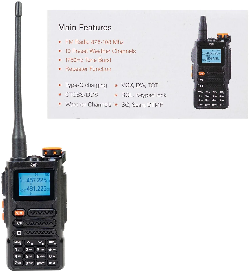 Nešiojama VHF/UHF radijo stotelė PNI P16UV, 999 kanalai, dviejų dažnių juostų TX ir 6 juostų RX, VOX perdavimas, nuskaitymas (Scan), FM radijas, orų kanalai, Li-Ion 2600 mAh