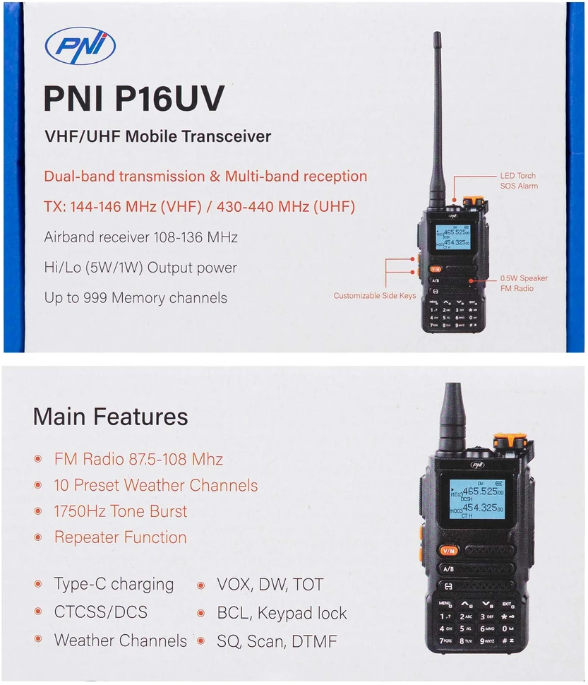 Nešiojama VHF/UHF radijo stotelė PNI P16UV, 999 kanalai, dviejų dažnių juostų TX ir 6 juostų RX, VOX perdavimas, nuskaitymas (Scan), FM radijas, orų kanalai, Li-Ion 2600 mAh