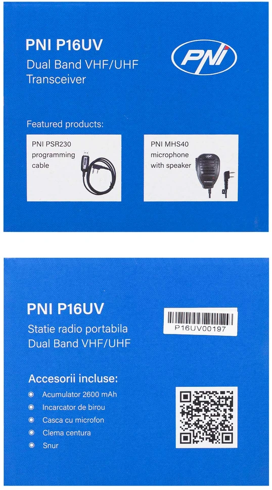 Nešiojama VHF/UHF radijo stotelė PNI P16UV, 999 kanalai, dviejų dažnių juostų TX ir 6 juostų RX, VOX perdavimas, nuskaitymas (Scan), FM radijas, orų kanalai, Li-Ion 2600 mAh