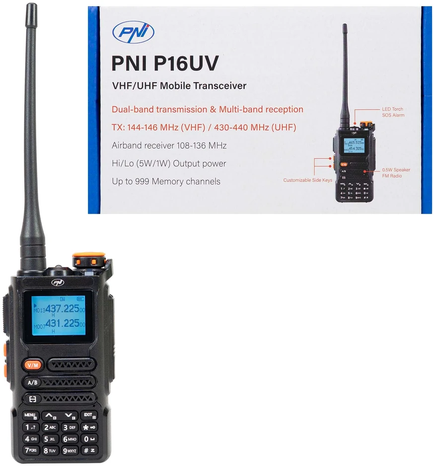 Nešiojama VHF/UHF radijo stotelė PNI P16UV, 999 kanalai, dviejų dažnių juostų TX ir 6 juostų RX, VOX perdavimas, nuskaitymas (Scan), FM radijas, orų kanalai, Li-Ion 2600 mAh