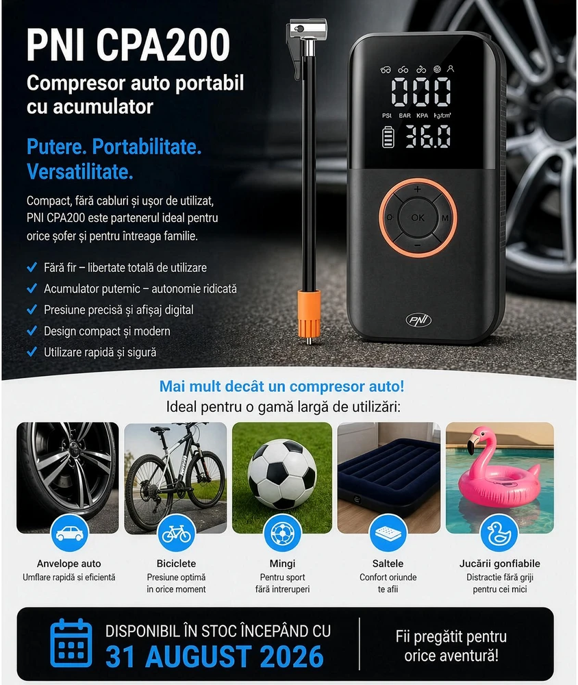 Nešiojamas automobilinis kompresorius su PNI CPA200 baterija 20l/min, 150 PSI, skaitmeninis ekranas, automatinis išsijungimas, dėklas, LED žibintuvėlis, „power bank“ funkcija Li-Ion 1800mAh 20Wh, USB 5V 2A