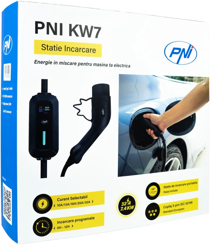 Nešiojamas įkroviklis PNI KW7 32A, 7.4KW elektromobiliams 230V, vienfazis, Type 2 jungtis, atsparus vandeniui