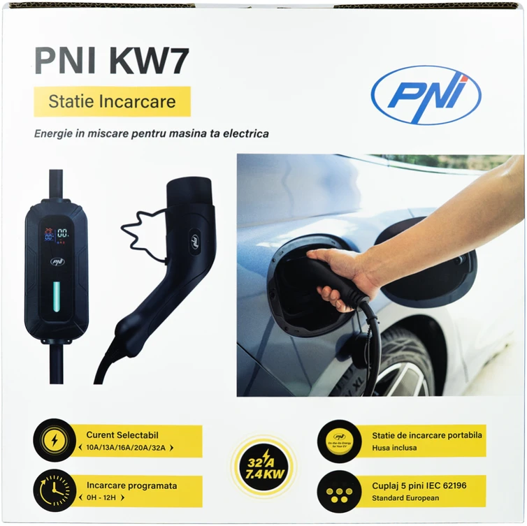 Nešiojamas įkroviklis PNI KW7 32A, 7.4KW elektromobiliams 230V, vienfazis, Type 2 jungtis, atsparus vandeniui