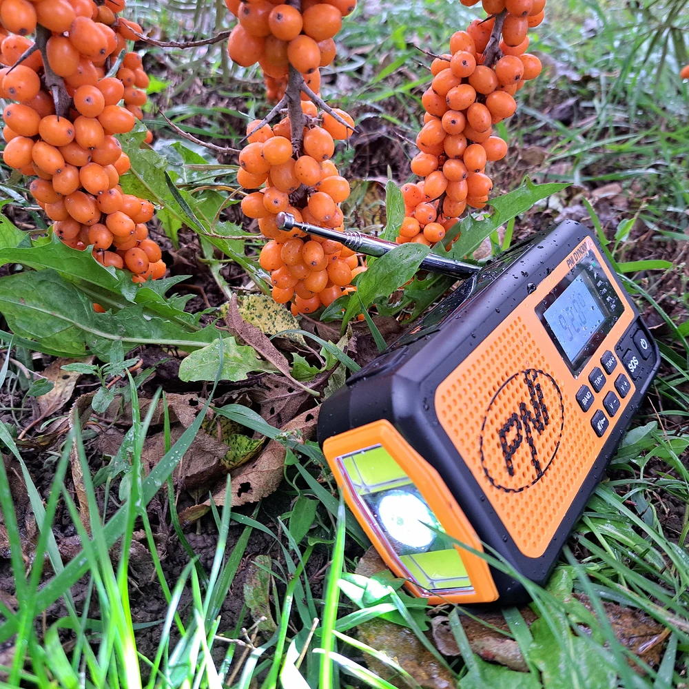 Nešiojamas radijo imtuvas PNI DYN300, su dinama, saulės įkrovimu, žibintuvėliu, 4000 mAh išorine baterija, SOS funkcija, oranžinis