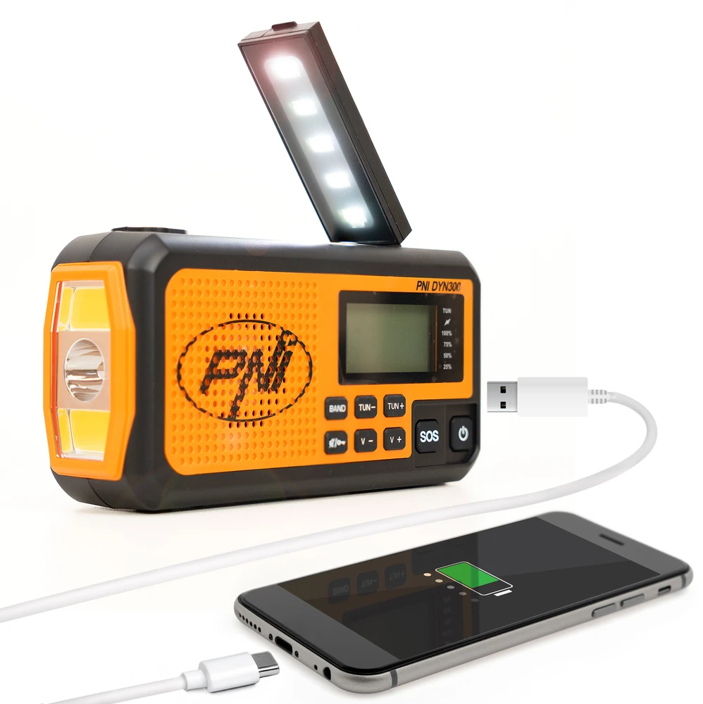 Nešiojamas radijo imtuvas PNI DYN300, su dinama, saulės įkrovimu, žibintuvėliu, 4000 mAh išorine baterija, SOS funkcija, oranžinis