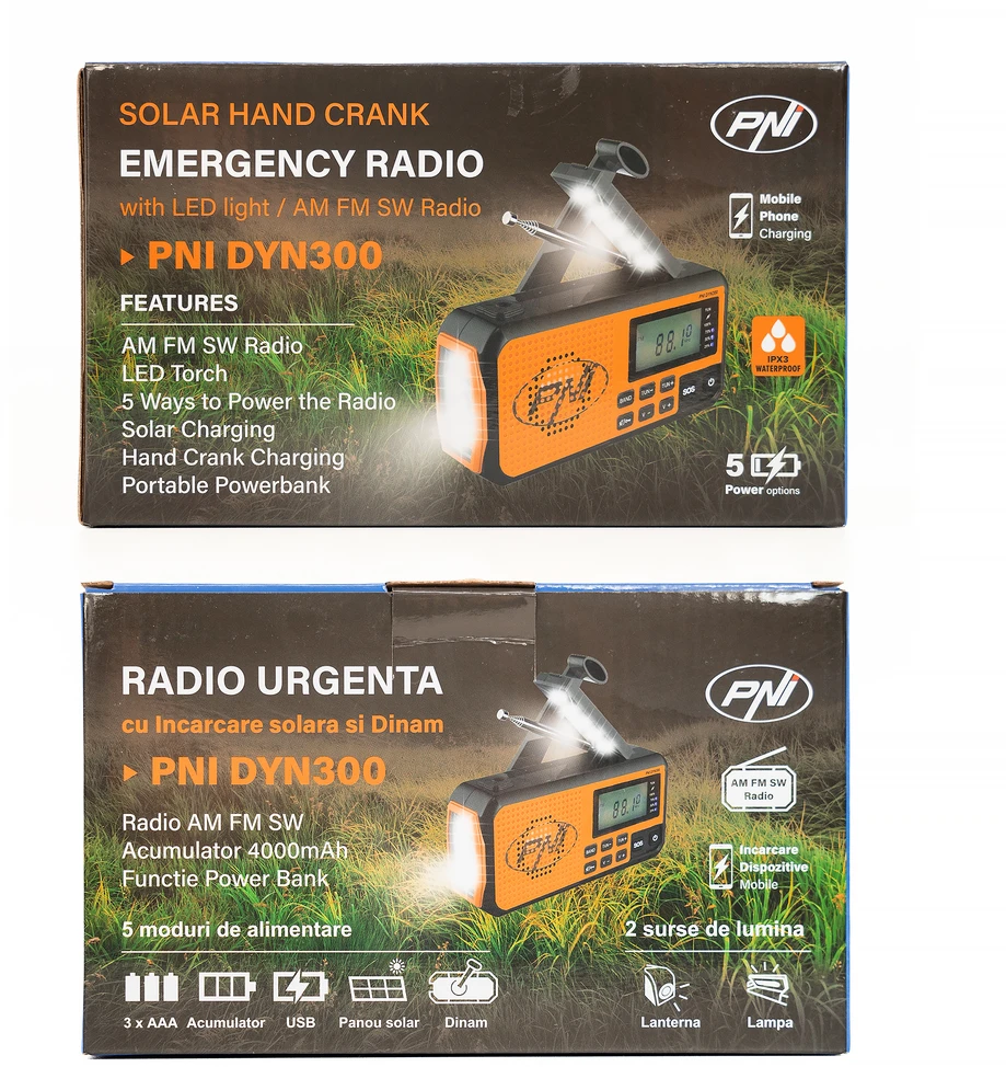 Nešiojamas radijo imtuvas PNI DYN300, su dinama, saulės įkrovimu, žibintuvėliu, 4000 mAh išorine baterija, SOS funkcija, oranžinis