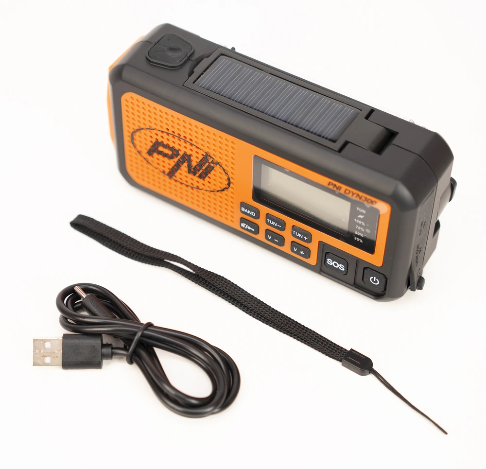 Nešiojamas radijo imtuvas PNI DYN300, su dinama, saulės įkrovimu, žibintuvėliu, 4000 mAh išorine baterija, SOS funkcija, oranžinis