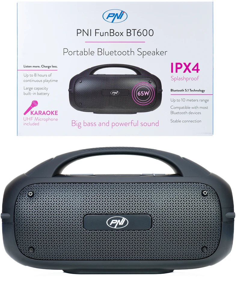Nešiojamasis garsiakalbis PNI FunBox BT600, su Bluetooth, 65W, MP3 grotuvas, kortelių skaitytuvas, USB, belaidis mikrofonas, 4400mAh baterija, IPX4