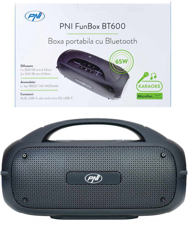 Nešiojamasis garsiakalbis PNI FunBox BT600, su Bluetooth, 65W, MP3 grotuvas, kortelių skaitytuvas, USB, belaidis mikrofonas, 4400mAh baterija, IPX4
