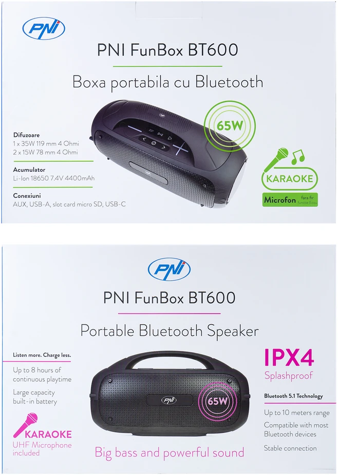 Nešiojamasis garsiakalbis PNI FunBox BT600, su Bluetooth, 65W, MP3 grotuvas, kortelių skaitytuvas, USB, belaidis mikrofonas, 4400mAh baterija, IPX4