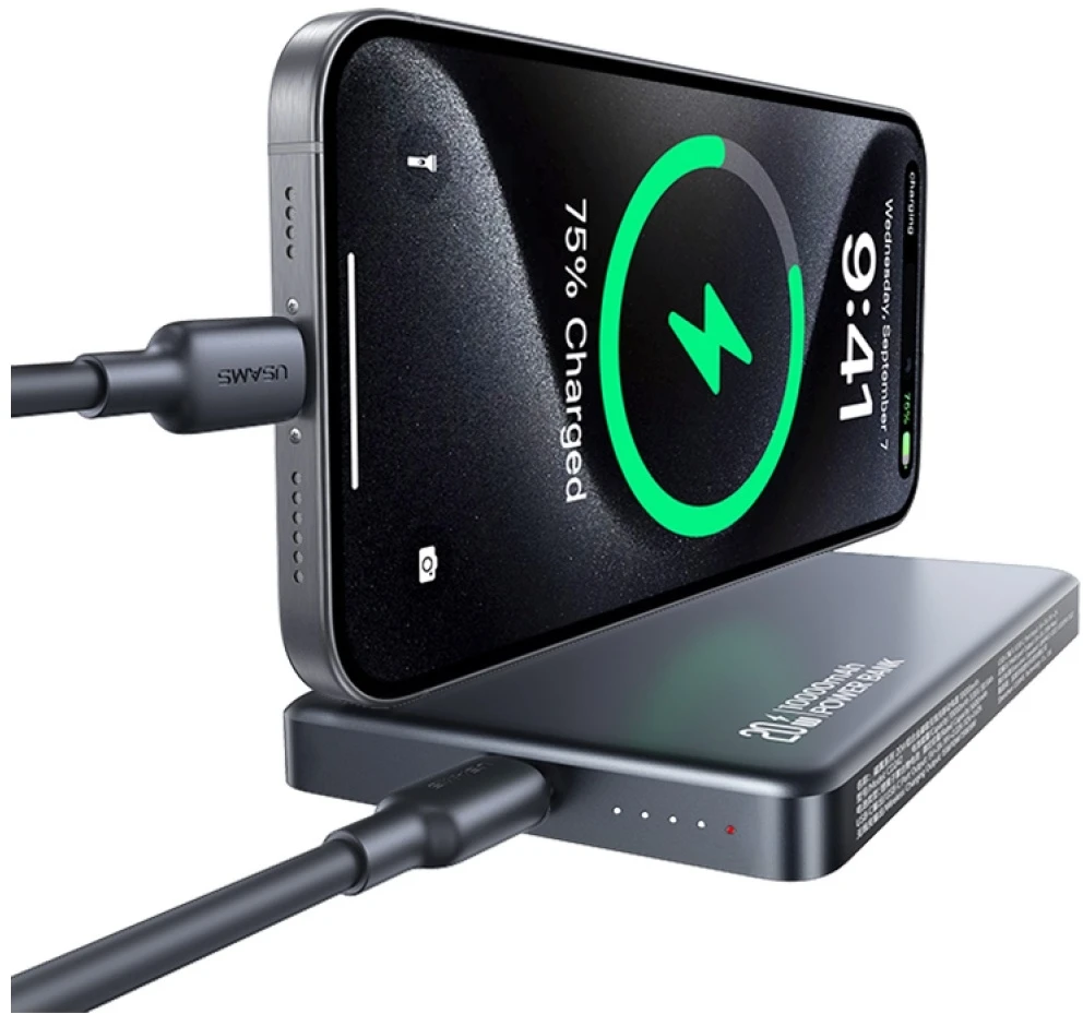 „USAMS CY“ serijos CD242 išorinė baterija, 10000mAh, 20W, magnetinė, belaidė, su patamsėjimu.