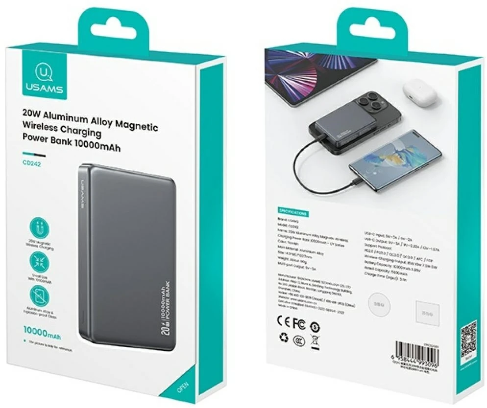 „USAMS CY“ serijos CD242 išorinė baterija, 10000mAh, 20W, magnetinė, belaidė, su patamsėjimu.