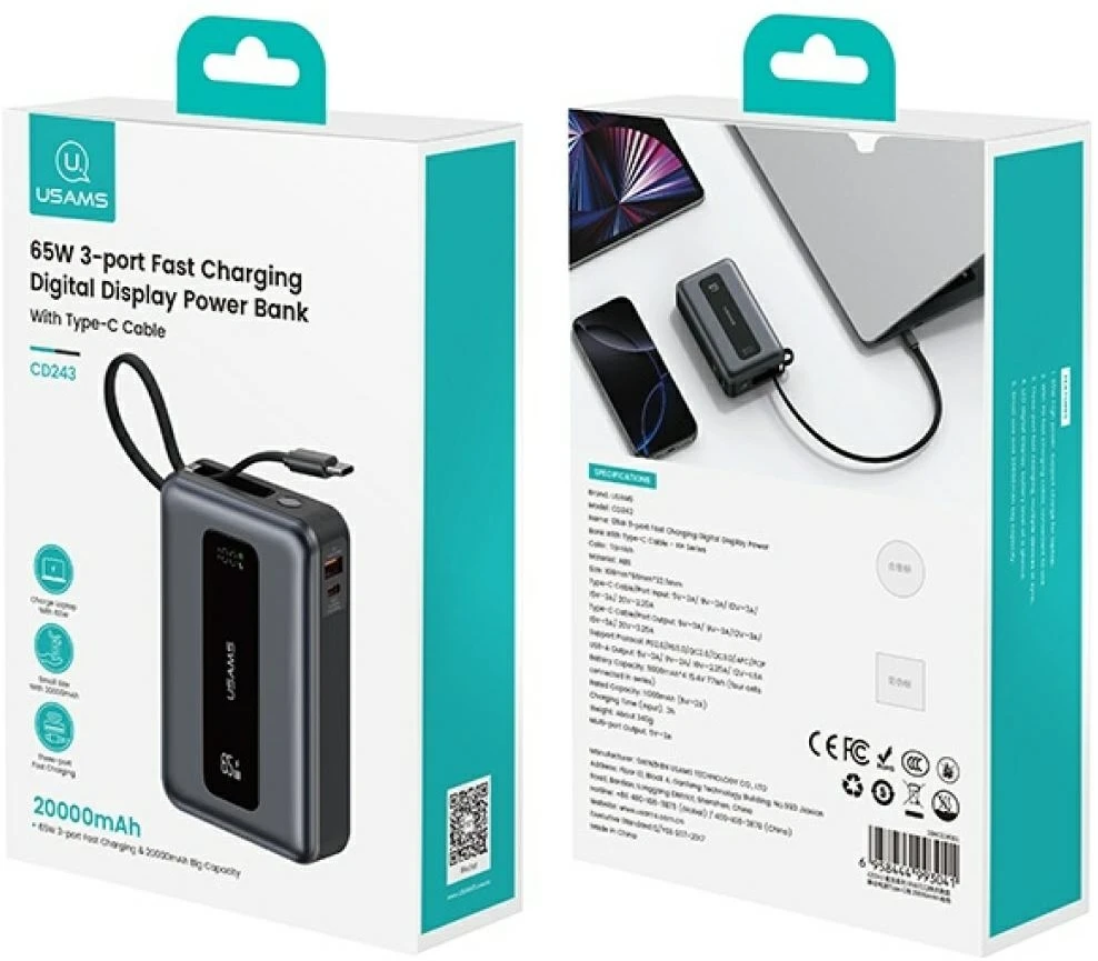 Nešiojamoji baterija USAMS XH serija CD243 20000mAh 65W, tamsinti