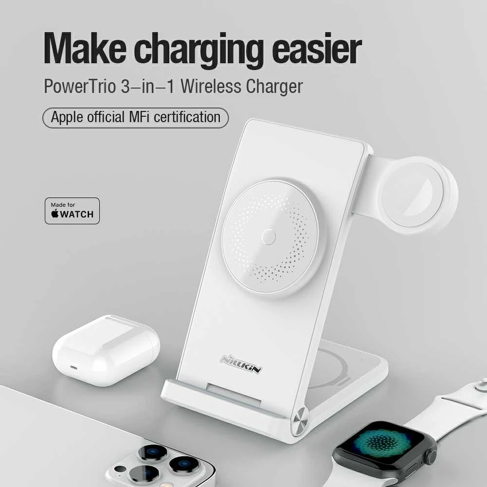 Nillkin PowerTrio 3in1 belaidis įkroviklis MagSafe Apple Watch baltos spalvos (MFI)