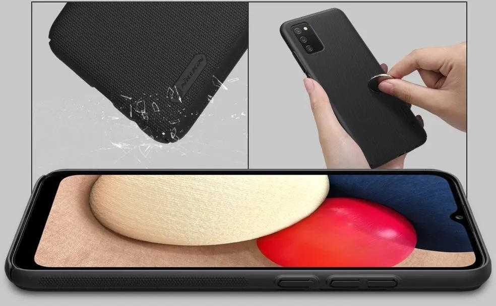Dėklas Nillkin Super Frosted Shield reinskirtasced case cover skirtas Samsung Galaxy A02s EU juodos spalvos