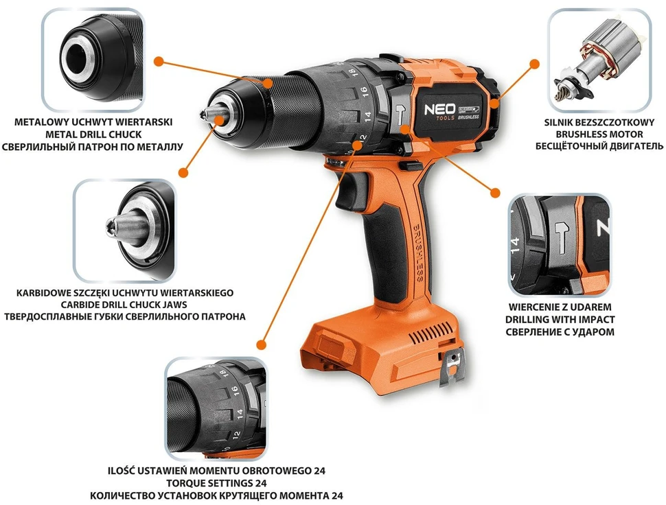 Neo Tools Wiertarko Wkretarka Bešepetis gręžtuvas-suktuvas su 100 Nm smūginiu sukimo momentu „Energy+ 18V“, be akumuliatoriaus