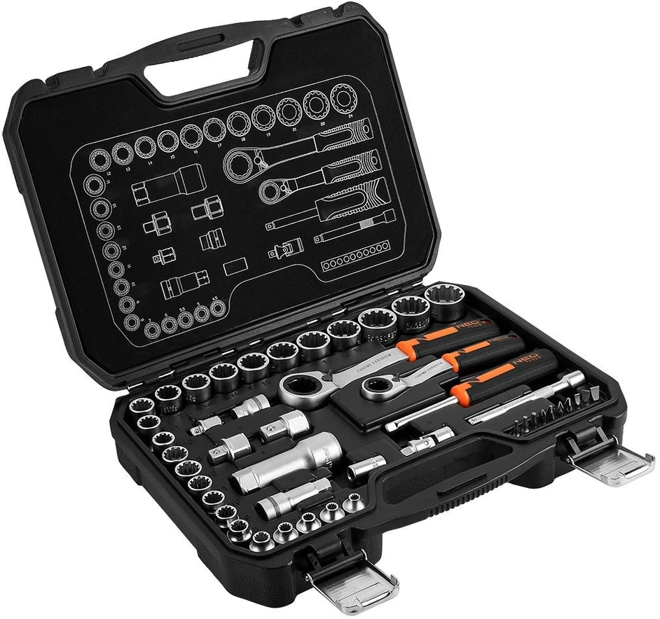 Neo Tools Rinkinys 1/4", 3/8", 46 vnt. CrV praleidžiamųjų galvučių rinkinys