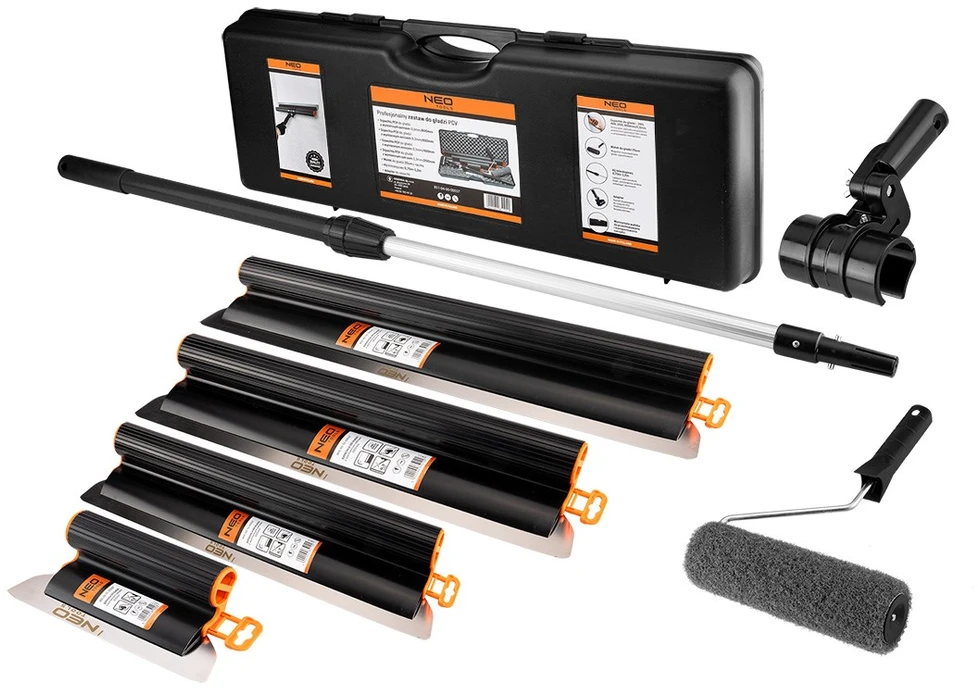 Neo Tools Rinkinys Tinkavimo glaistyklės, teleskopinė rankena, adapteris, tinkavimo volelis, supakuotas dėžėje