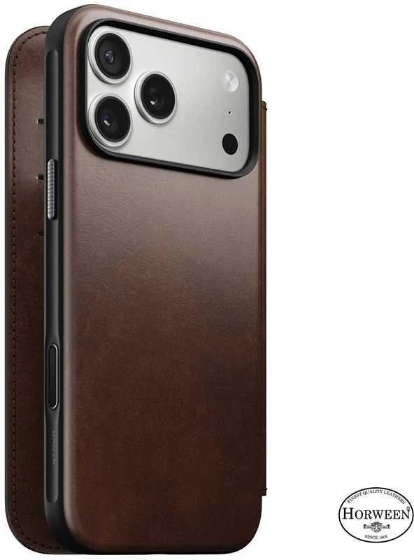 Dėklas „Nomad Modern Leather Folio“, kaimiško stiliaus rudas (Horween) – „iPhone 17 Pro Max“
