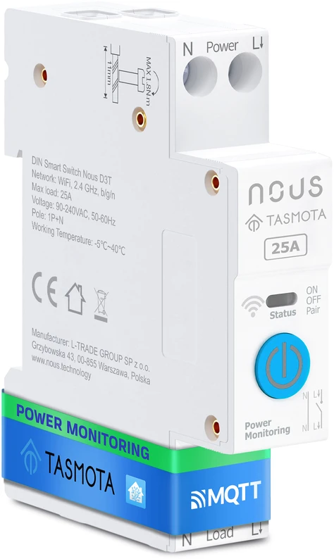 Nous Automatinis jungiklis DIN bėgeliui su energijos matavimu, 230Vac, 25A, Wi-Fi Tasmota (ESP32), MQTT, Matter