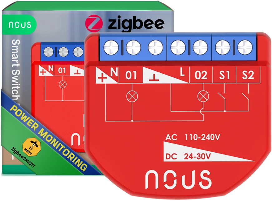 Nous Išmani relė / jungiklis su sauso kontakto jungtimis, 2 kanalų, su galios matavimu ZigBee 2MQTT, TUYA