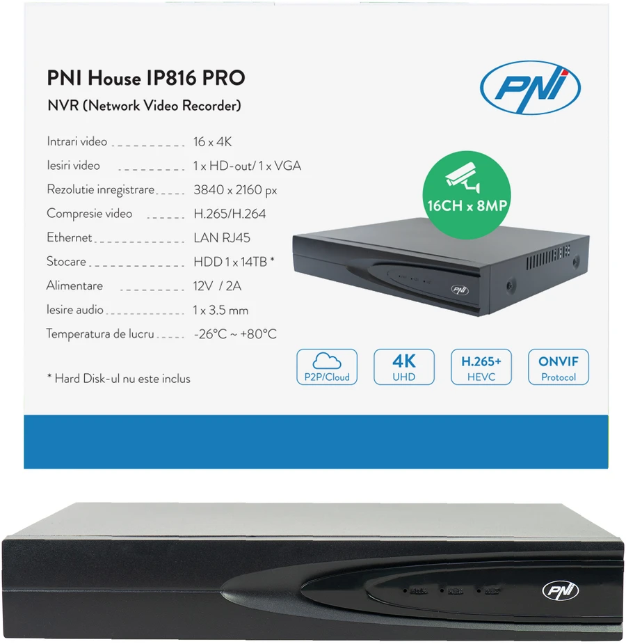 NVR PNI House IP816 su 16 kanalų IP 5MP arba 10 kanalų 8MP 4K