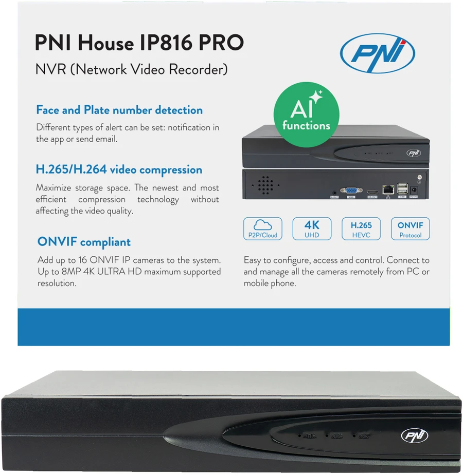 NVR PNI House IP816 su 16 kanalų IP 5MP arba 10 kanalų 8MP 4K