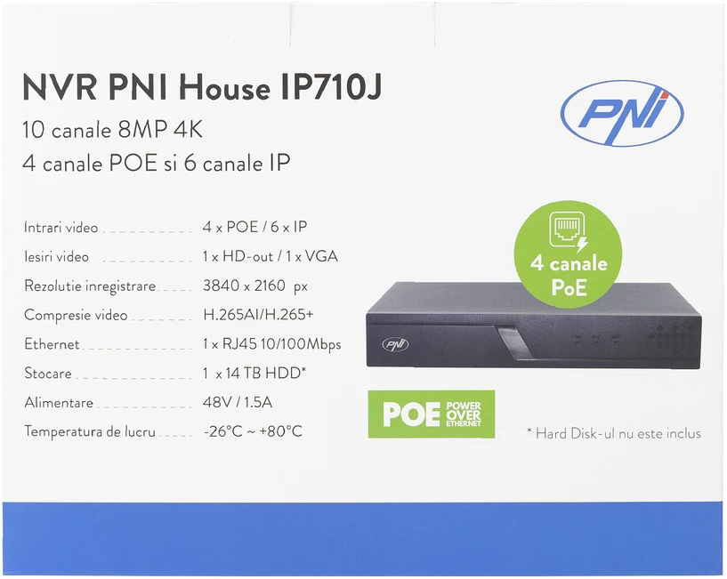 NVR POE PNI House IP710J, 10 kanalų 4K 8MP, 4 kanalai POE ir 6 kanalai IP su PNI POE arba įprastu komutatoriumi H.265