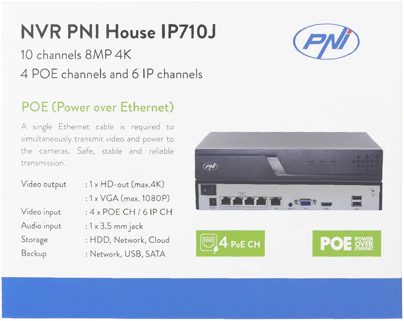 NVR POE PNI House IP710J, 10 kanalų 4K 8MP, 4 kanalai POE ir 6 kanalai IP su PNI POE arba įprastu komutatoriumi H.265