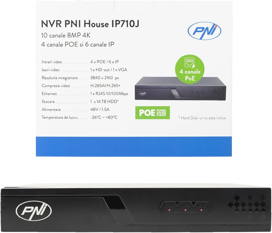 NVR POE PNI House IP710J, 10 kanalų 4K 8MP, 4 kanalai POE ir 6 kanalai IP su PNI POE arba įprastu komutatoriumi H.265