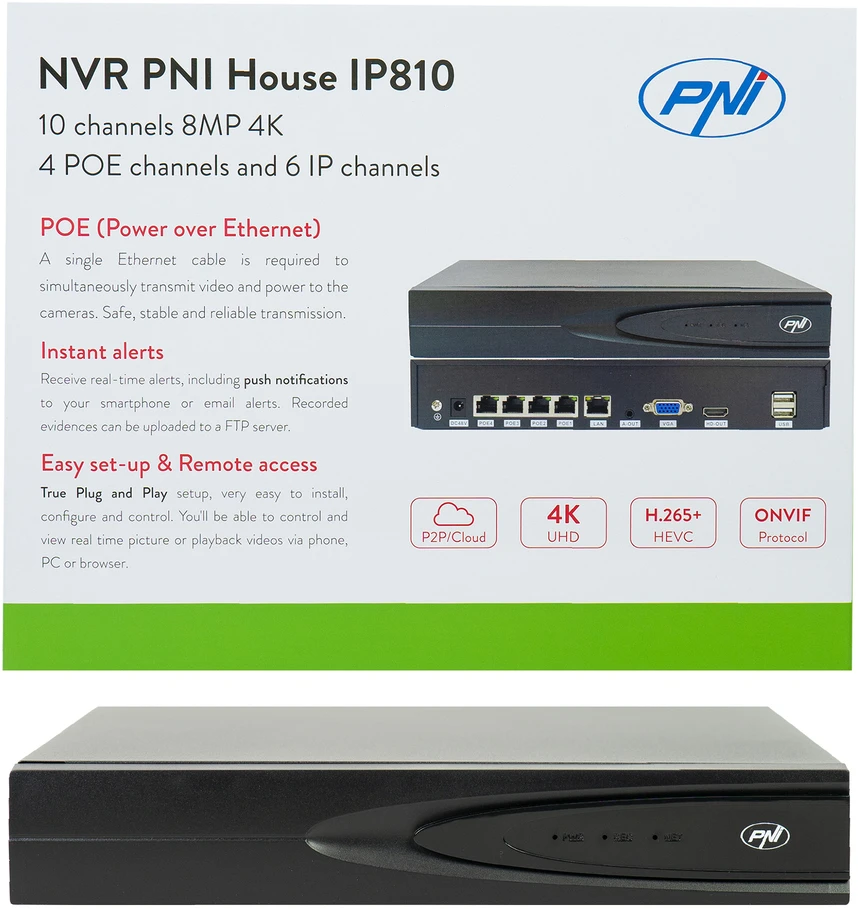 NVR POE PNI House IP810 su 10 kanalų 4K 8MP, 4 POE kanalais ir 6 IP kanalais su AI funkcijomis