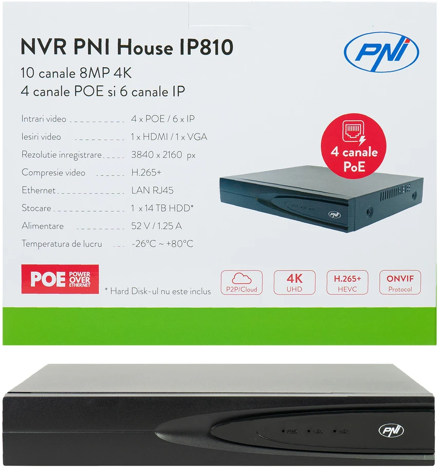 NVR POE PNI House IP810 su 10 kanalų 4K 8MP, 4 POE kanalais ir 6 IP kanalais su AI funkcijomis