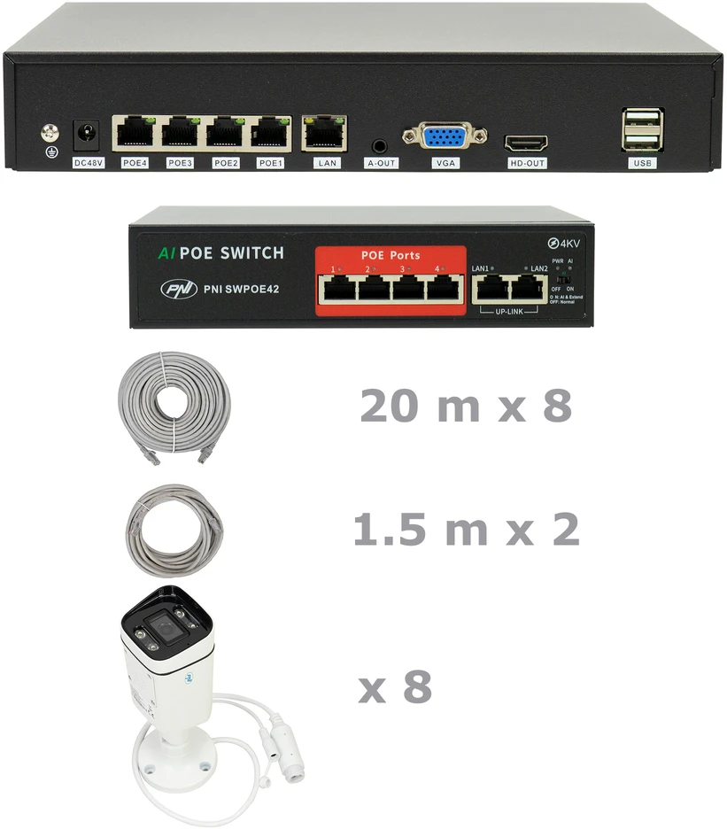 NVR POE PNI House IP810 vaizdo stebėjimo rinkinys, 8 PNI IP8POE kameros, POE komutatorius ir kabeliai komplekte