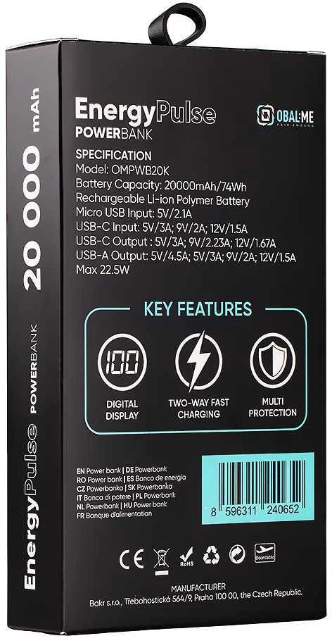 OBAL:ME EnergyPulse Powerbank 20000mAh 22.5W juodos spalvos