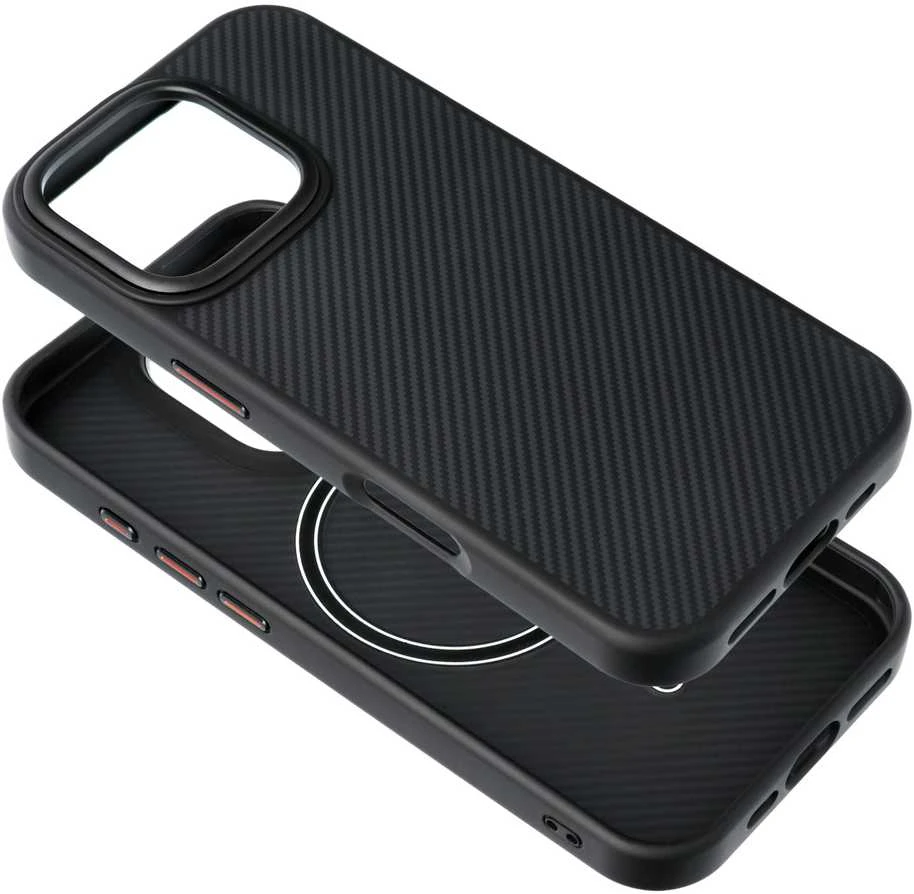 OEM dėklas, skirtas iPhone 15 PRO MAX, Carbon Elite Mag Cover, suderinamas su MagSafe juodas