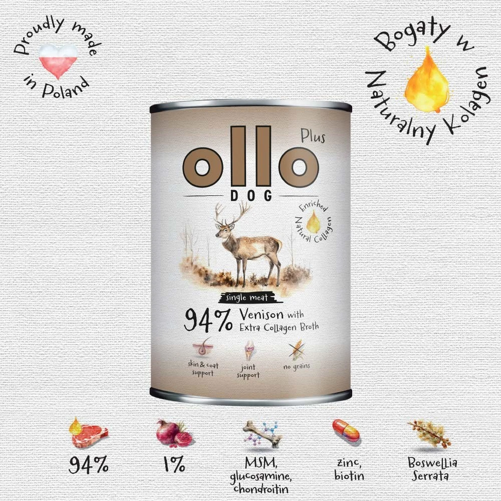 OLLO Plus Collagen Mono Deer – drėgnas ėdalas šunims – 800g