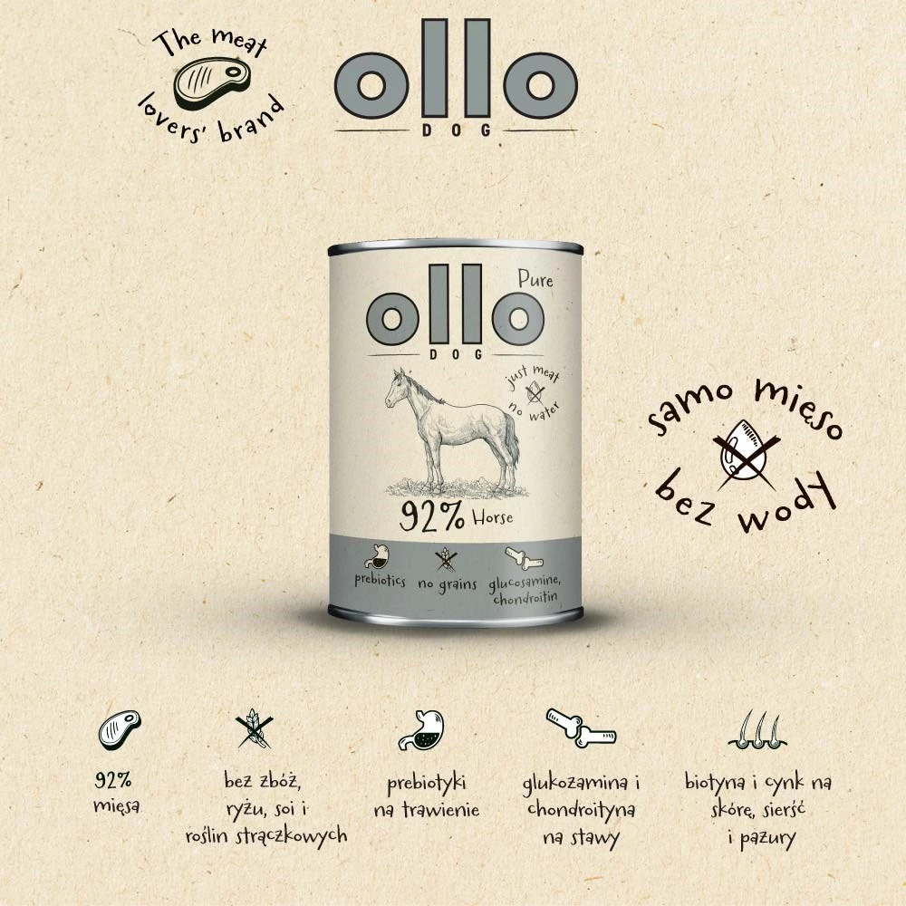 OLLO Pure Arklys Mono – šlapias šunų maistas – 850g