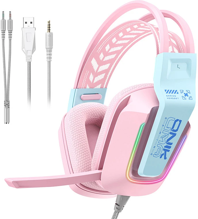 Onikuma X13 rožinės ausinės su mikrofonu ir USB jungtimi