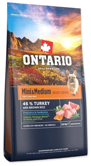 Ontario Mini & Medium Weight Control kalakutiena & Brown ryžiai 6,5kg