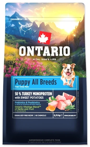 Ontario Puppy & Junior All Breeds Monoprotein kalakutiena & Sweet bulvės 0.75kg