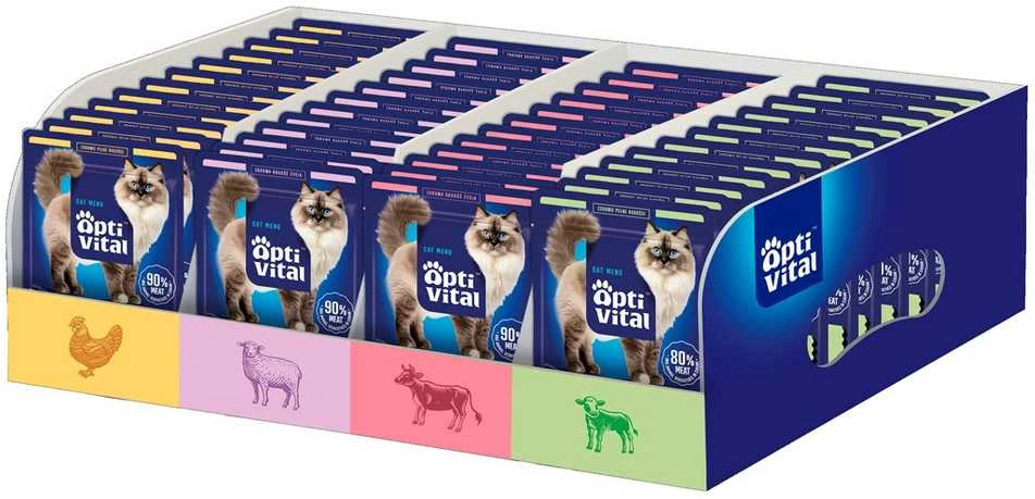 Maisto produktai katėms - OptiVital skanūs gabaliukai padaže vištiena jautiena aviena veršiena 112x85g